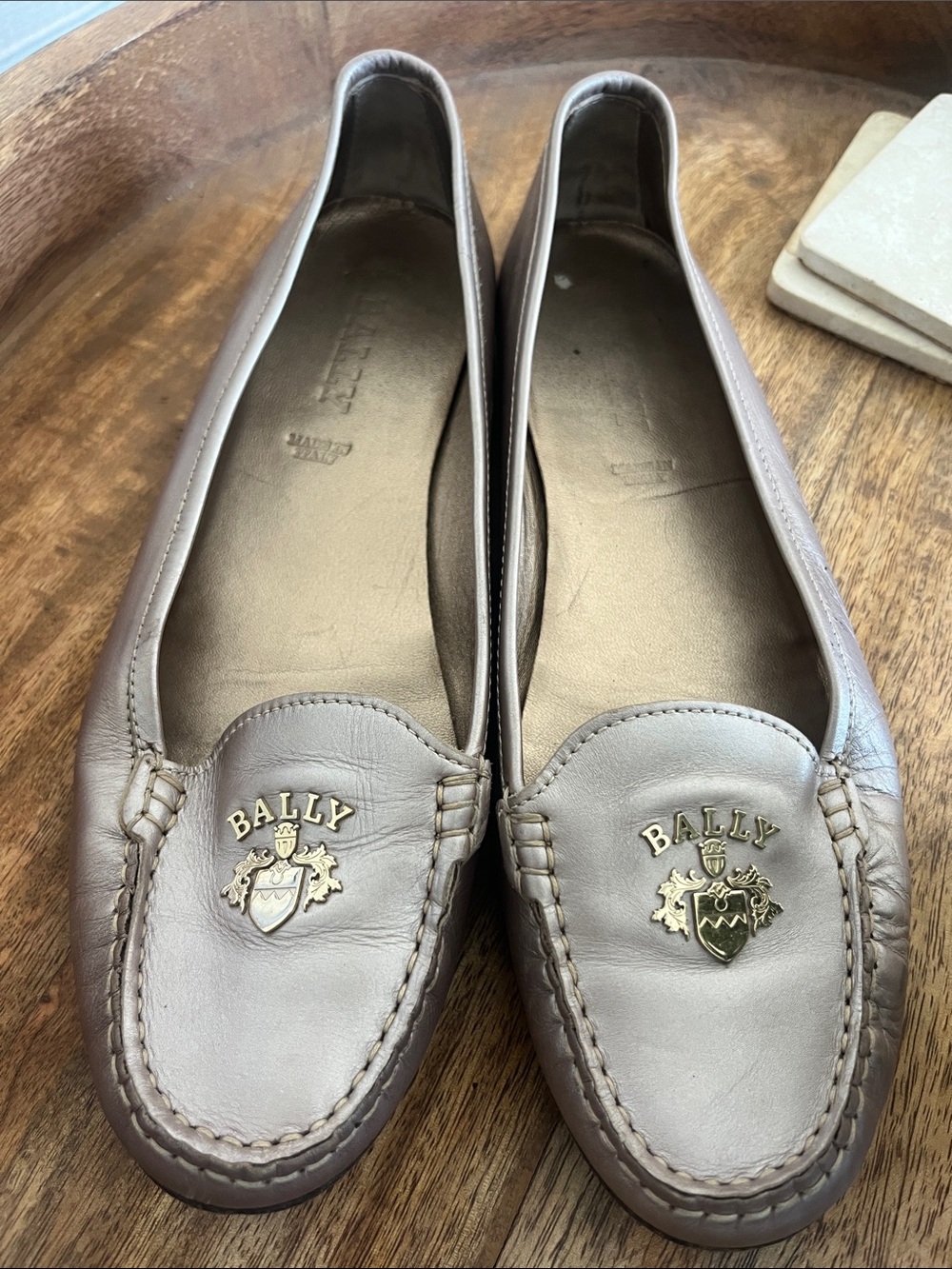 Bally Taupe Leather Moccasin Loafers with Gold Crest